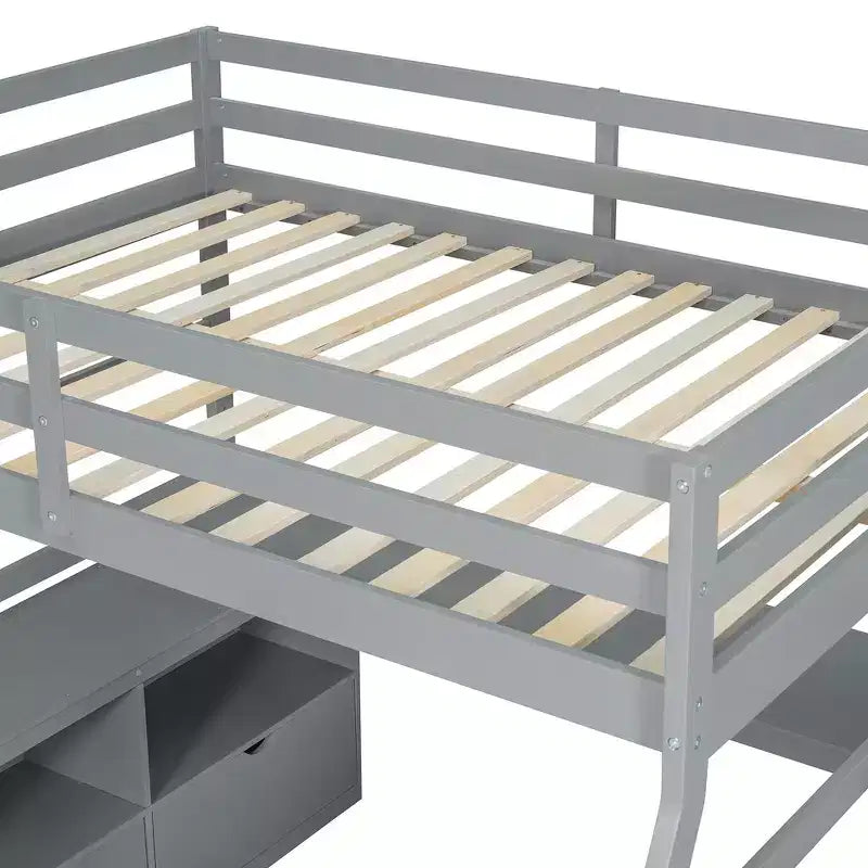 Cama alta de tamaño completo con 7 cajones, 2 estantes y escritorio, construcción sólida