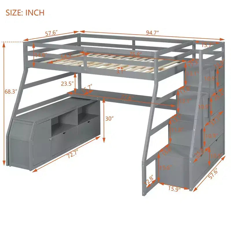 Cama alta de tamaño completo con 7 cajones, 2 estantes y escritorio, construcción sólida