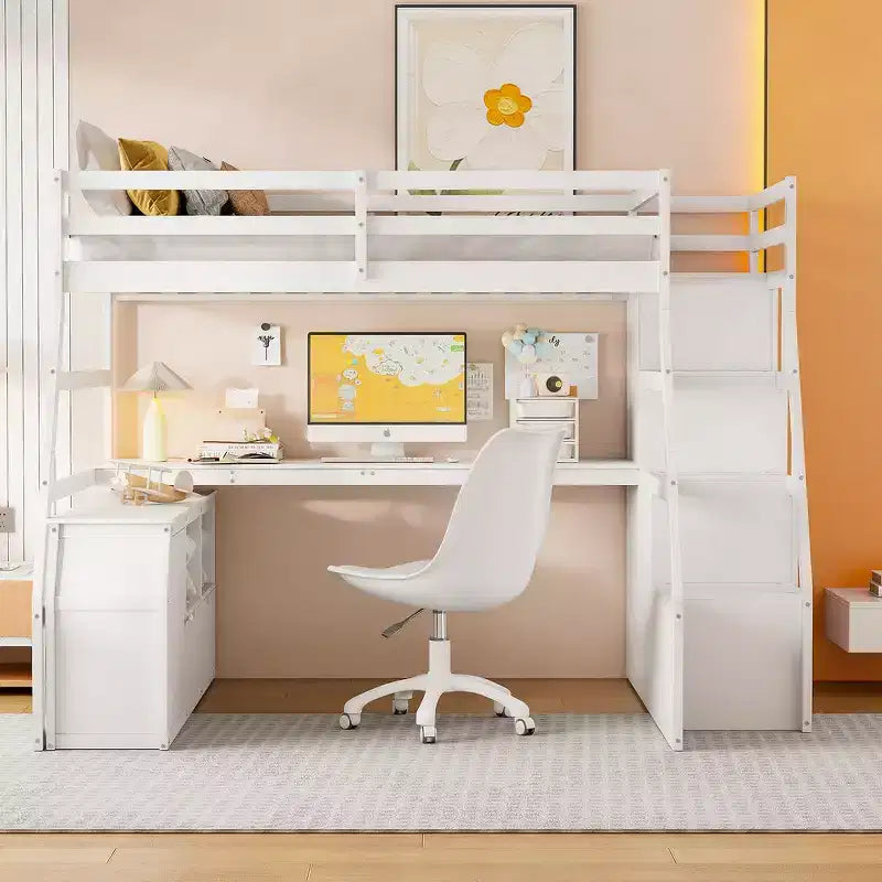 Cama alta de tamaño completo con 7 cajones, 2 estantes y escritorio, construcción sólida