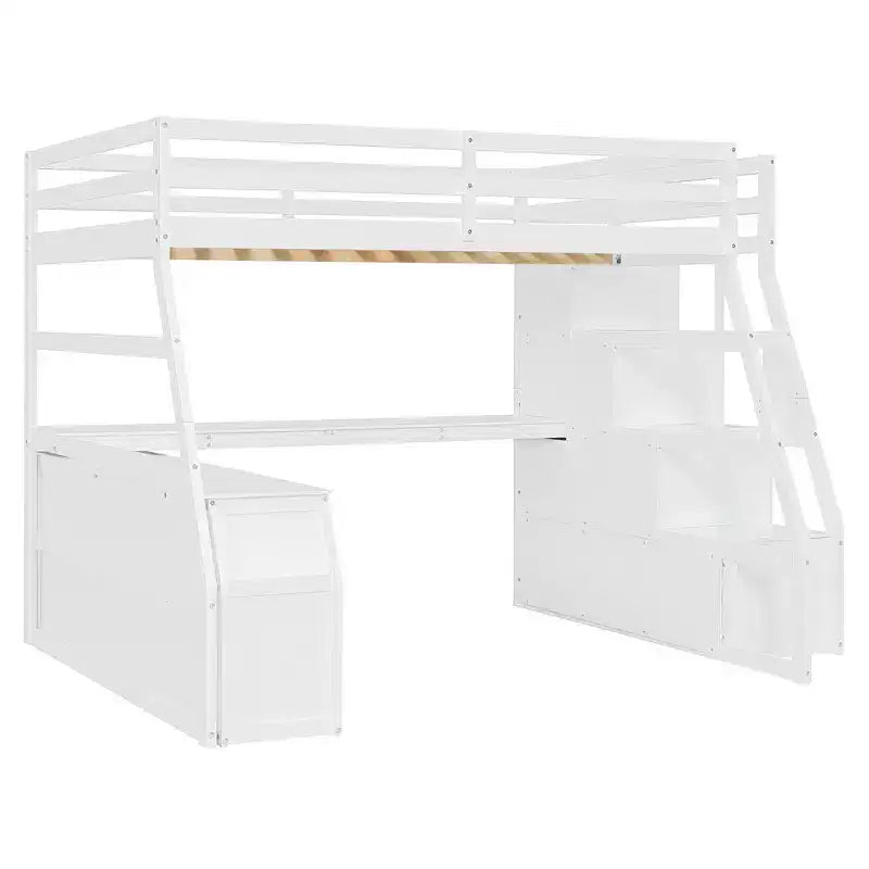 Cama alta de tamaño completo con 7 cajones, 2 estantes y escritorio, construcción sólida