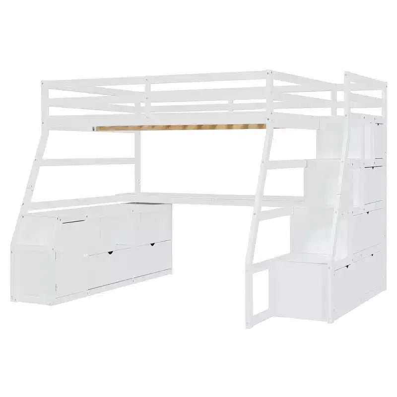 Cama alta de tamaño completo con 7 cajones, 2 estantes y escritorio, construcción sólida