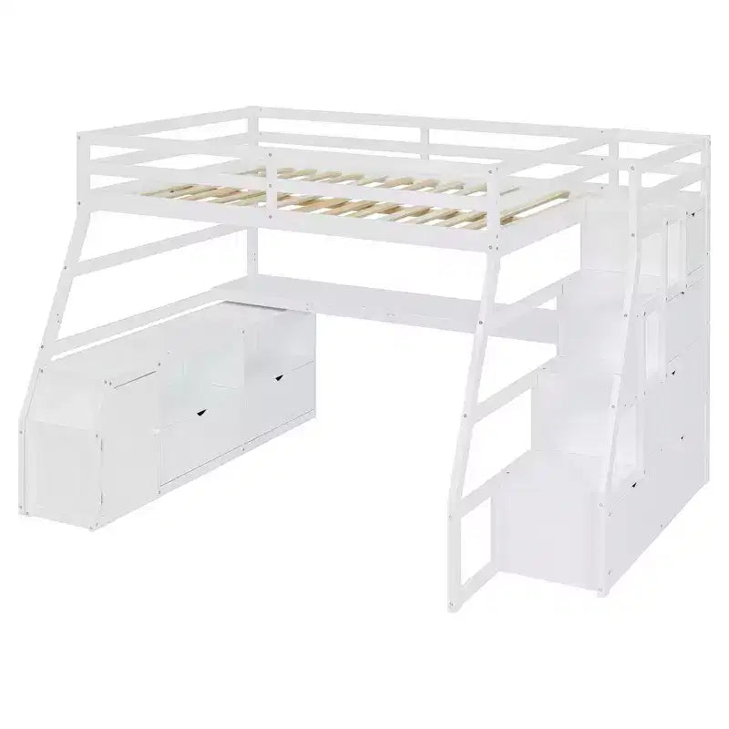 Cama alta de tamaño completo con 7 cajones, 2 estantes y escritorio, construcción sólida