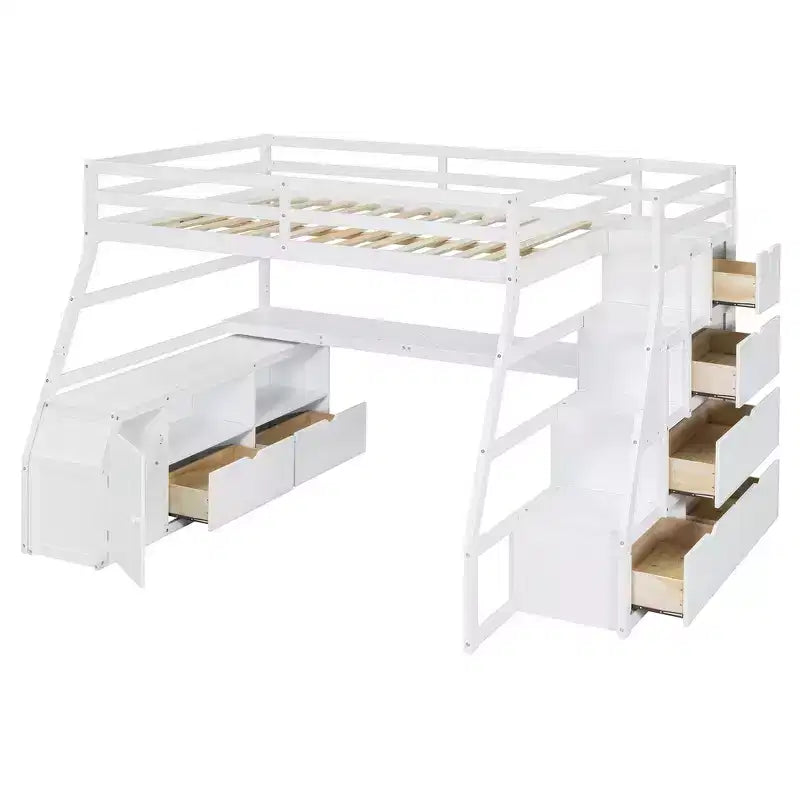 Cama alta de tamaño completo con 7 cajones, 2 estantes y escritorio, construcción sólida