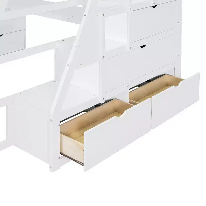 Cama alta de tamaño completo con 7 cajones, 2 estantes y escritorio, construcción sólida