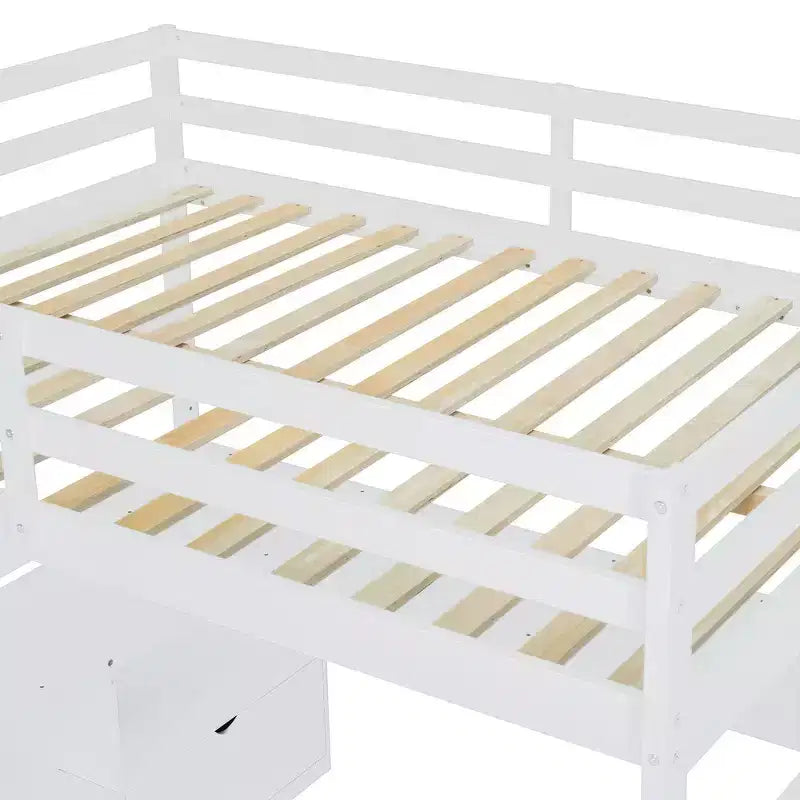 Cama alta de tamaño completo con 7 cajones, 2 estantes y escritorio, construcción sólida