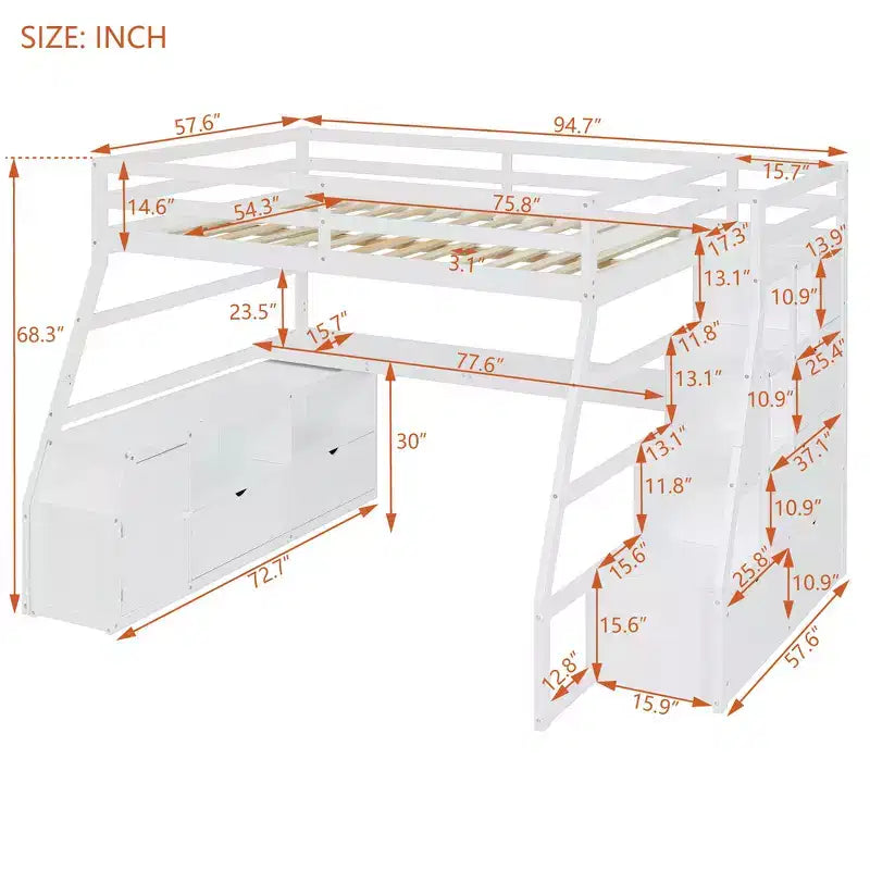Cama alta de tamaño completo con 7 cajones, 2 estantes y escritorio, construcción sólida