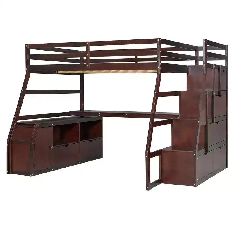Cama alta de tamaño completo con 7 cajones, 2 estantes y escritorio, construcción sólida