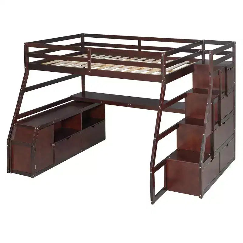 Cama alta de tamaño completo con 7 cajones, 2 estantes y escritorio, construcción sólida