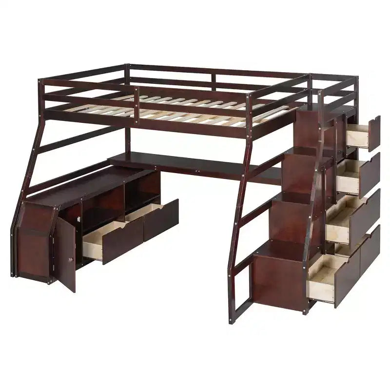 Cama alta de tamaño completo con 7 cajones, 2 estantes y escritorio, construcción sólida