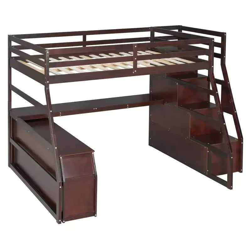 Cama alta de tamaño completo con 7 cajones, 2 estantes y escritorio, construcción sólida