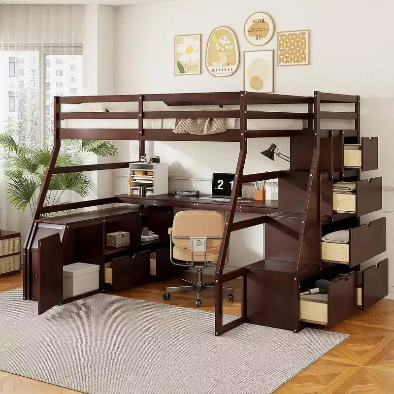 Whisen Full Size Loft Bed with 7 Drawers, 2 Shelves and Desk, Solid Construction