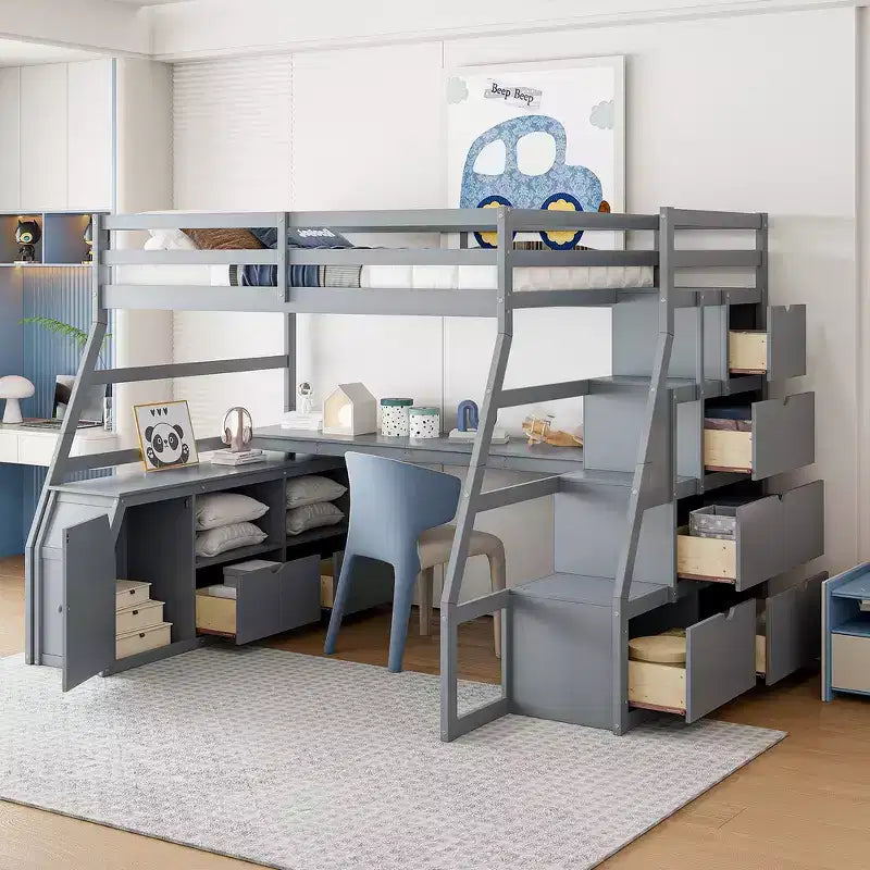 Cama alta de tamaño completo con 7 cajones, 2 estantes y escritorio, construcción sólida