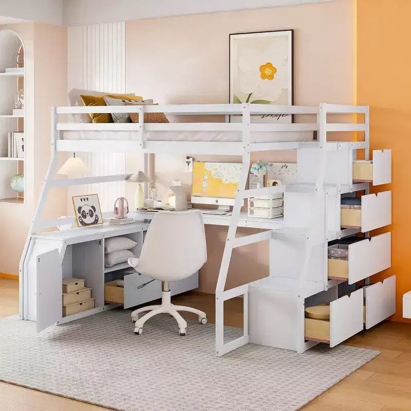 Cama alta de tamaño completo con 7 cajones, 2 estantes y escritorio, construcción sólida