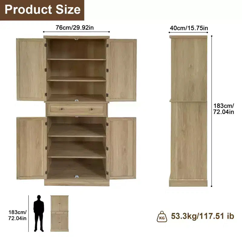 Mueble de despensa de granja de 72 pulgadas color madera, armario de almacenamiento alto de cocina de 4 puertas con estantes ajustables y cajón para comedor/sala de estar