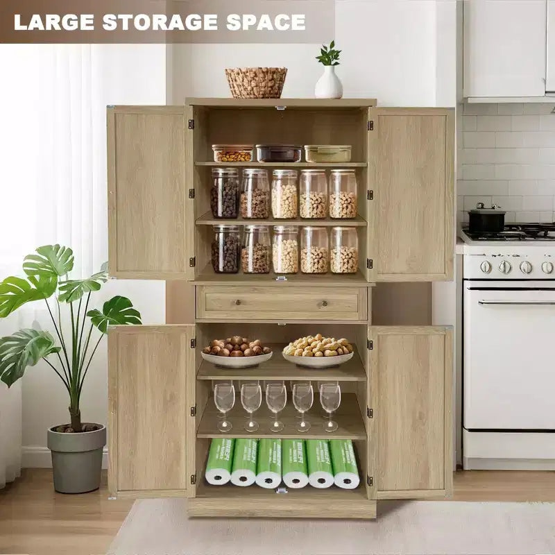 Mueble de despensa de granja de 72 pulgadas color madera, armario de almacenamiento alto de cocina de 4 puertas con estantes ajustables y cajón para comedor/sala de estar