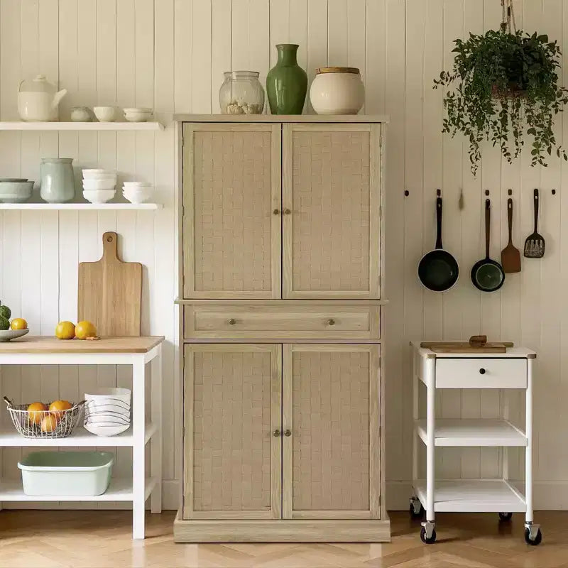 Mueble de despensa de granja de 72 pulgadas color madera, armario de almacenamiento alto de cocina de 4 puertas con estantes ajustables y cajón para comedor/sala de estar