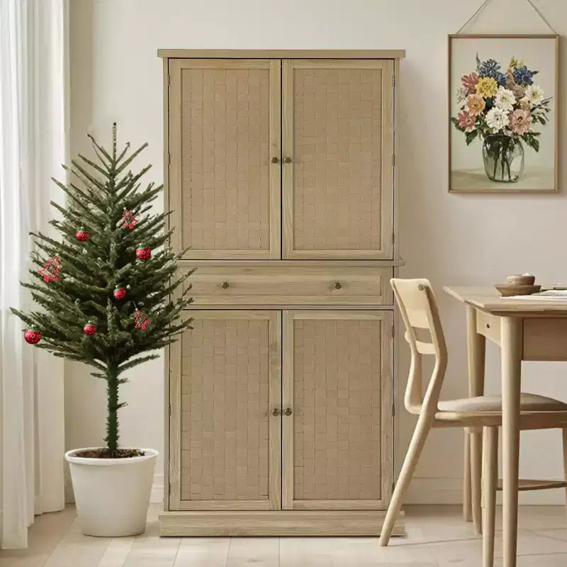 Mueble de despensa de granja de 72 pulgadas color madera, armario de almacenamiento alto de cocina de 4 puertas con estantes ajustables y cajón para comedor/sala de estar