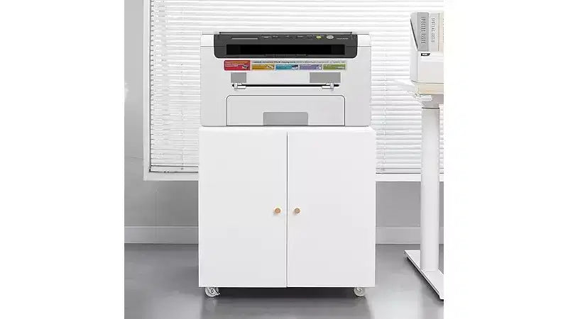 Soporte metálico para impresora con almacenamiento, archivador móvil con ruedas con puertas y estante ajustable, mesa moderna para impresora con ruedas