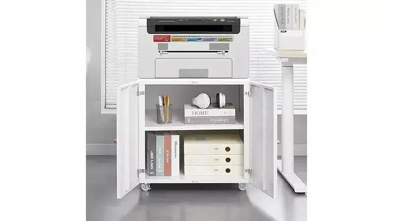 Soporte metálico para impresora con almacenamiento, archivador móvil con ruedas con puertas y estante ajustable, mesa moderna para impresora con ruedas