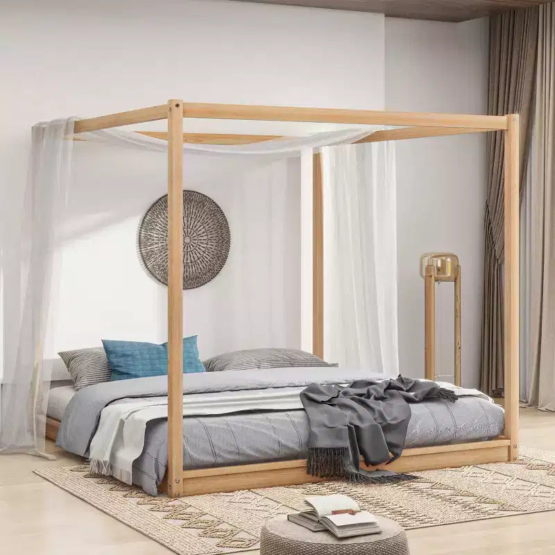 Cama con dosel Canopy Platform Bed, Estructura de cama de madera con patas de soporte de base baja, Fácil montaje, para niños y adolescentes