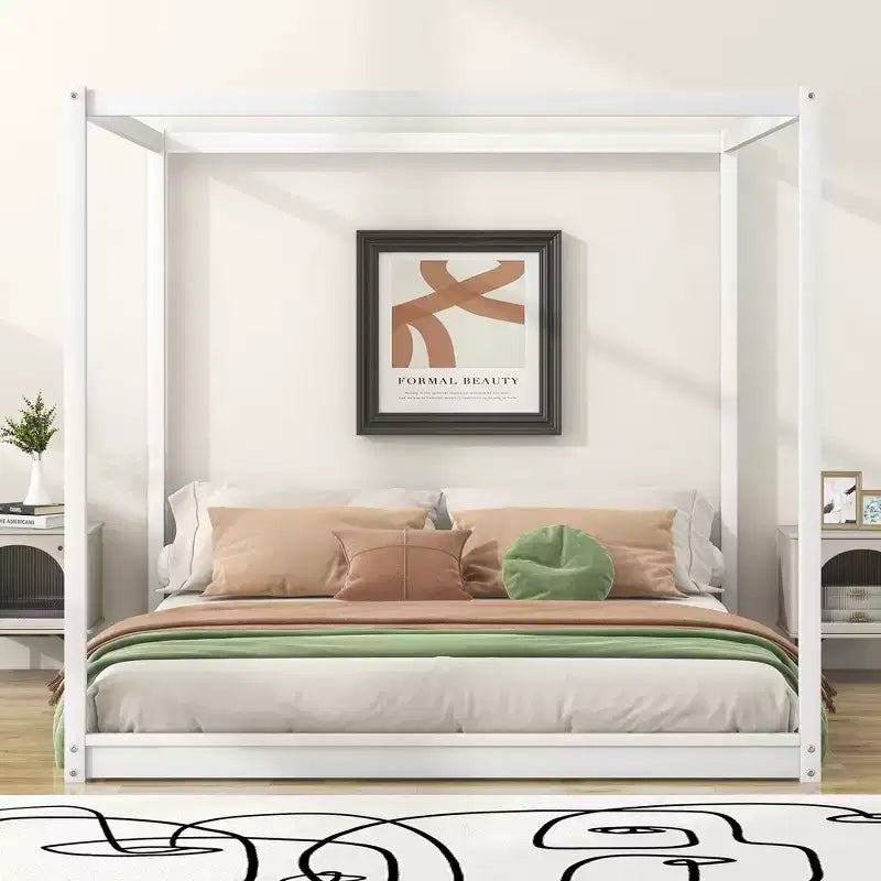 Cama con dosel Canopy Platform Bed, Estructura de cama de madera con patas de soporte de base baja, Fácil montaje, para niños y adolescentes
