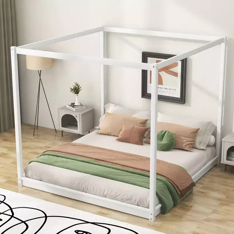 Cama con dosel Canopy Platform Bed, Estructura de cama de madera con patas de soporte de base baja, Fácil montaje, para niños y adolescentes