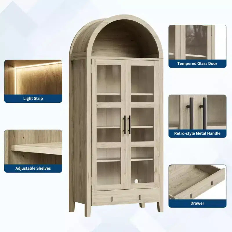 Armario de despensa de cocina alto y arqueado de 71 pulgadas, armario de almacenamiento de madera con luces y puertas de vidrio, gabinete de exhibición versátil para sala de estar y cocina