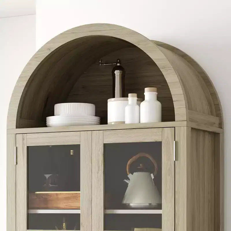 Armario de despensa de cocina alto y arqueado de 71 pulgadas, armario de almacenamiento de madera con luces y puertas de vidrio, gabinete de exhibición versátil para sala de estar y cocina