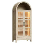 Armario de despensa de cocina alto y arqueado de 71 pulgadas, armario de almacenamiento de madera con luces y puertas de vidrio, gabinete de exhibición versátil para sala de estar y cocina