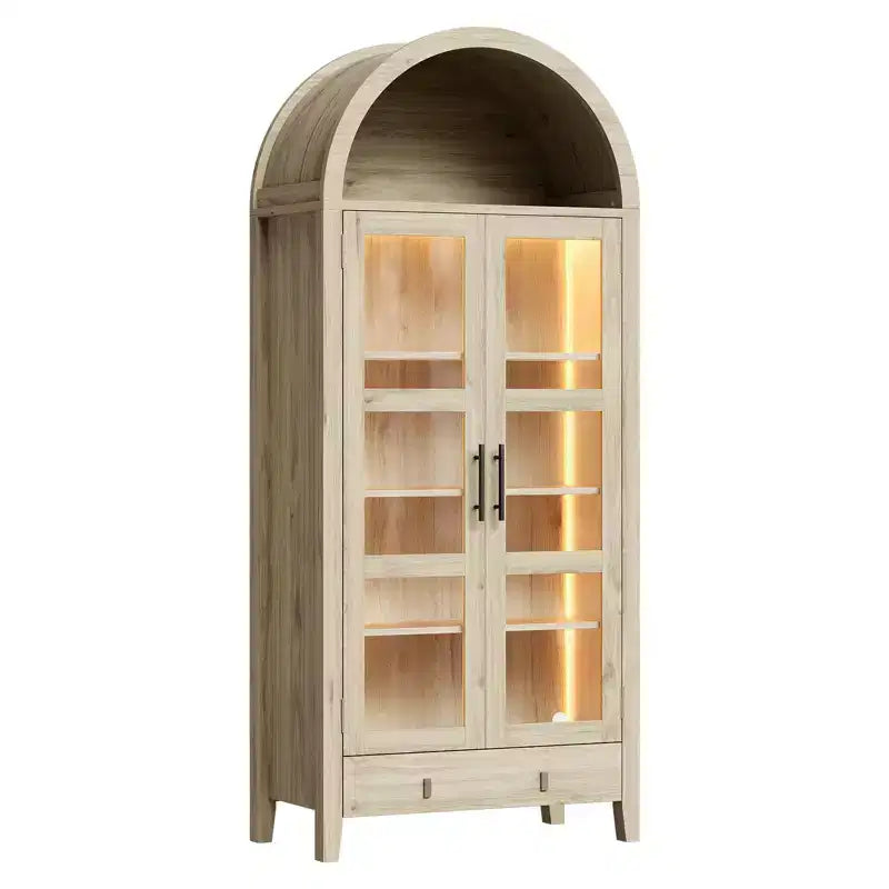 Armario de despensa de cocina alto y arqueado de 71 pulgadas, armario de almacenamiento de madera con luces y puertas de vidrio, gabinete de exhibición versátil para sala de estar y cocina