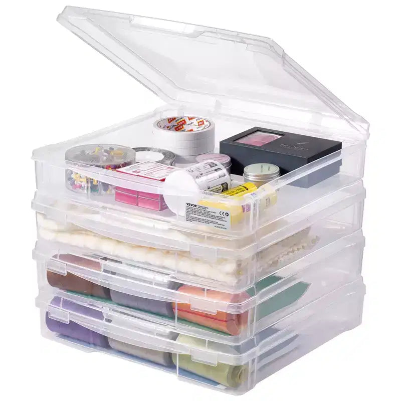 VEVOR Scrapbook Paper Storage, 4 Pack Stackable Plastic Board Game Boxes, Clear Multi-Purpose Document Case with Rounded Corners, Transparent