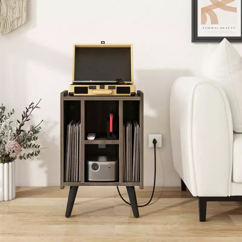 Mueble para tocadiscos con estación de carga y puertos USB, mesa auxiliar con armario para vinilos, estante de exhibición de álbumes para tocadiscos marrón/gris