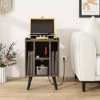 Mueble para tocadiscos con estación de carga y puertos USB, mesa auxiliar con armario para vinilos, estante de exhibición de álbumes para tocadiscos marrón/gris