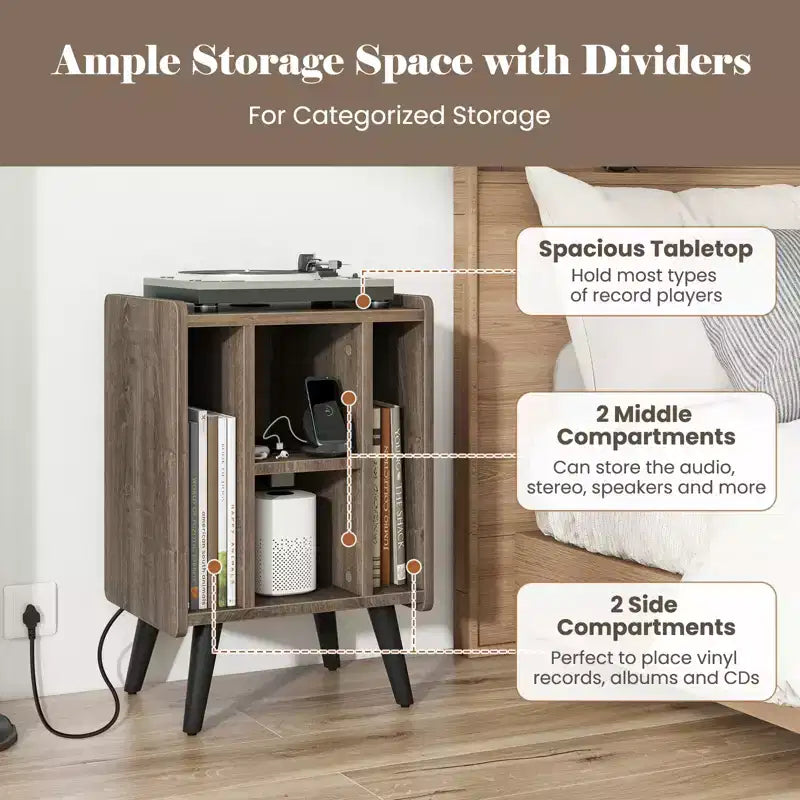 Mueble para tocadiscos con estación de carga y puertos USB, mesa auxiliar con armario para vinilos, estante de exhibición de álbumes para tocadiscos marrón/gris