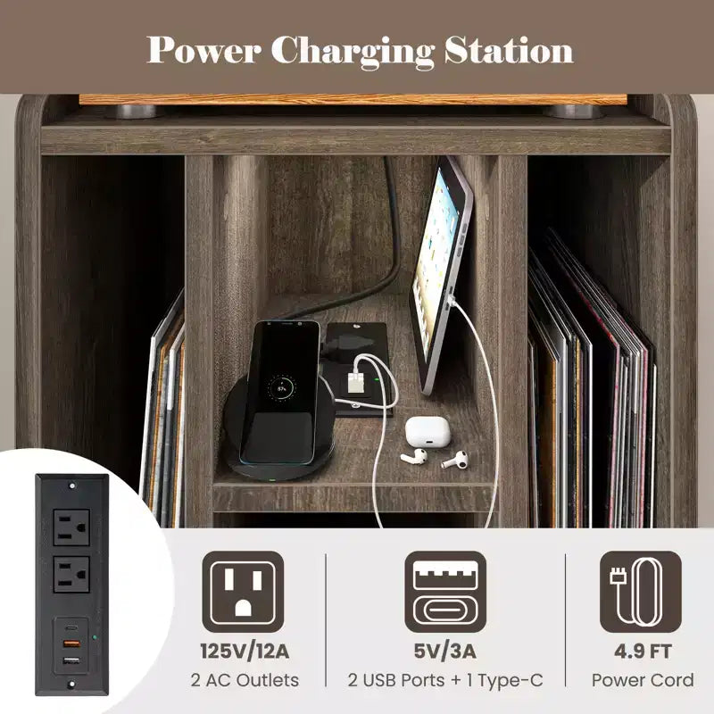 Mueble para tocadiscos con estación de carga y puertos USB, mesa auxiliar con armario para vinilos, estante de exhibición de álbumes para tocadiscos marrón/gris
