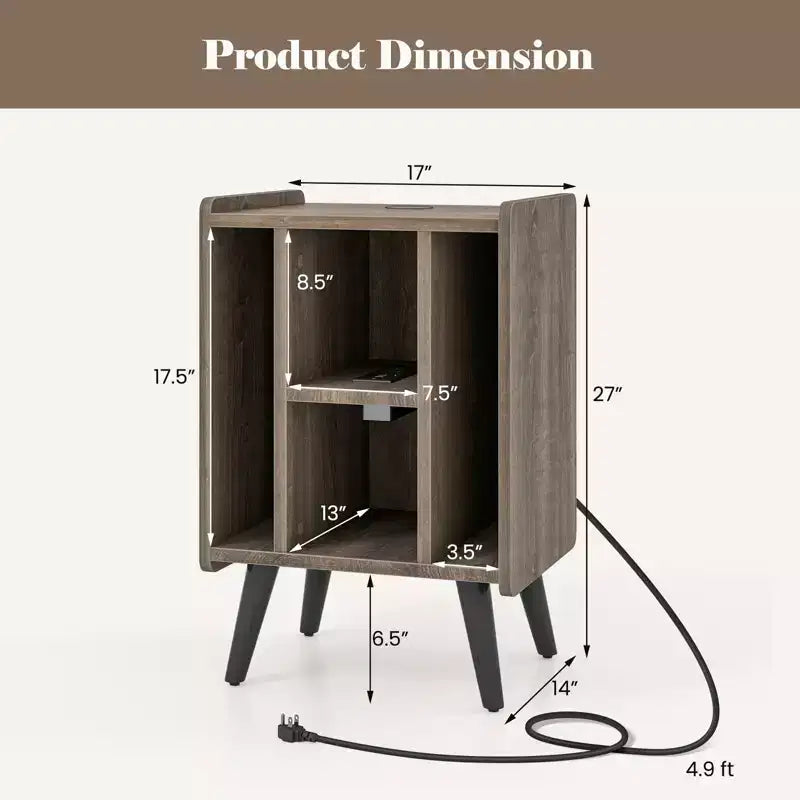 Mueble para tocadiscos con estación de carga y puertos USB, mesa auxiliar con armario para vinilos, estante de exhibición de álbumes para tocadiscos marrón/gris