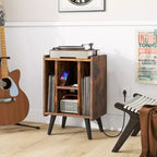 Mueble para tocadiscos con estación de carga y puertos USB, mesa auxiliar con armario para vinilos, estante de exhibición de álbumes para tocadiscos marrón/gris