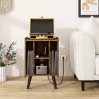 Mueble para tocadiscos con estación de carga y puertos USB, mesa auxiliar con armario para vinilos, estante de exhibición de álbumes para tocadiscos marrón/gris