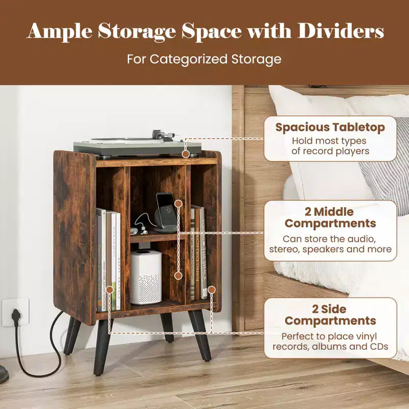 Mueble para tocadiscos con estación de carga y puertos USB, mesa auxiliar con armario para vinilos, estante de exhibición de álbumes para tocadiscos marrón/gris