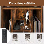 Mueble para tocadiscos con estación de carga y puertos USB, mesa auxiliar con armario para vinilos, estante de exhibición de álbumes para tocadiscos marrón/gris