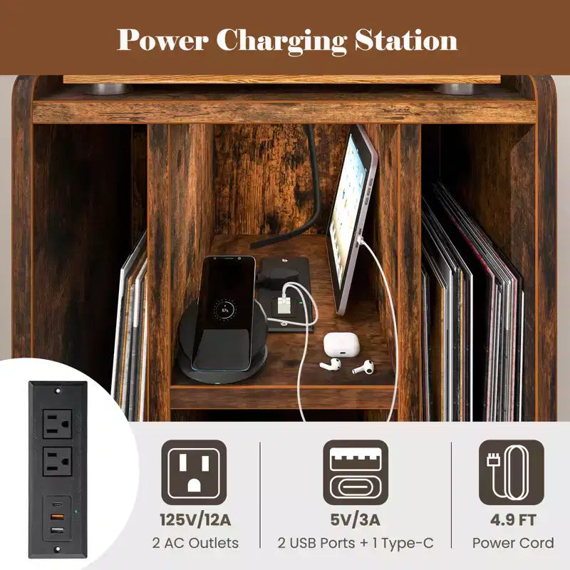 Mueble para tocadiscos con estación de carga y puertos USB, mesa auxiliar con armario para vinilos, estante de exhibición de álbumes para tocadiscos marrón/gris