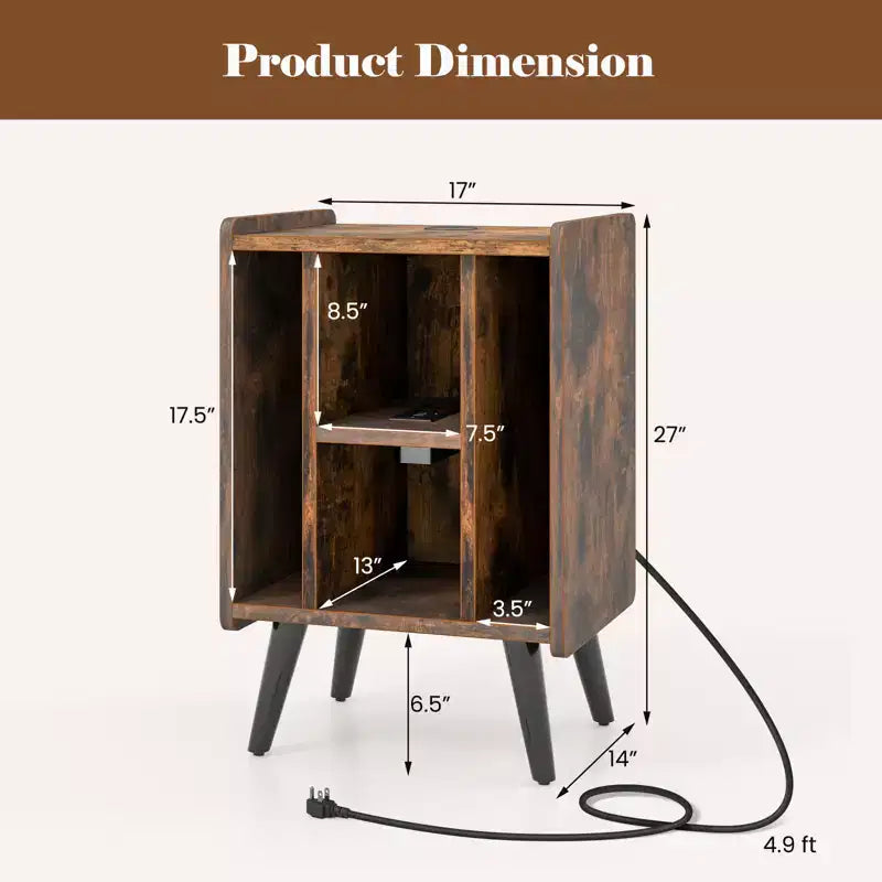 Mueble para tocadiscos con estación de carga y puertos USB, mesa auxiliar con armario para vinilos, estante de exhibición de álbumes para tocadiscos marrón/gris
