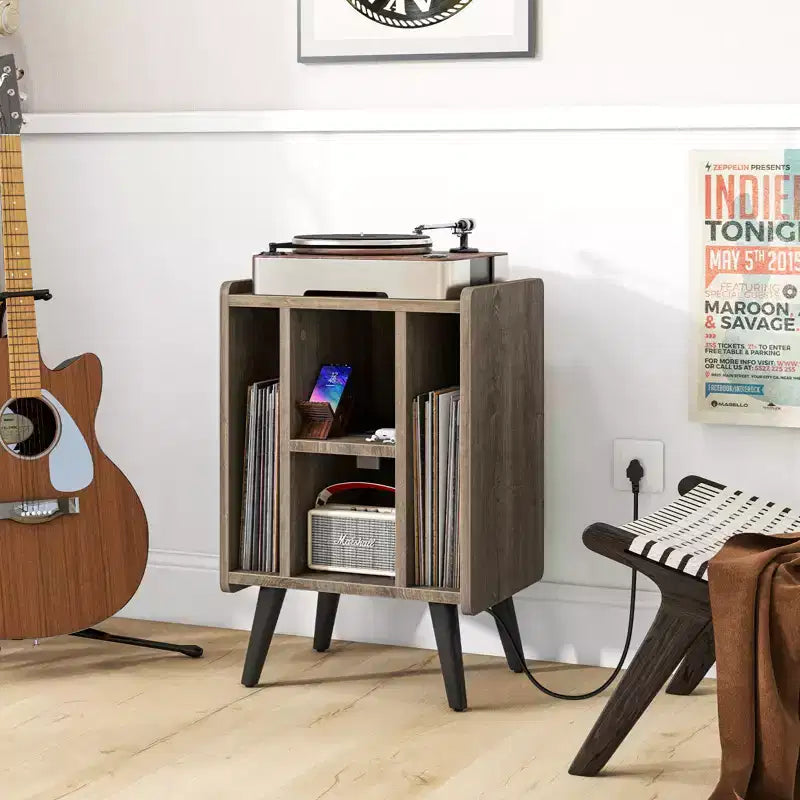 Mueble para tocadiscos con estación de carga y puertos USB, mesa auxiliar con armario para vinilos, estante de exhibición de álbumes para tocadiscos marrón/gris