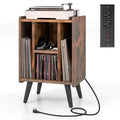 Costway Record Player Stand w/ Charging Station & USB Ports, Side Table w/ Vinyl Storage Cabinet, Album Display Shelf Turntable Brown/Grey