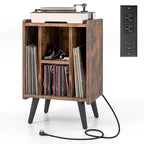 Costway Record Player Stand w/ Charging Station & USB Ports, Side Table w/ Vinyl Storage Cabinet, Album Display Shelf Turntable Brown/Grey