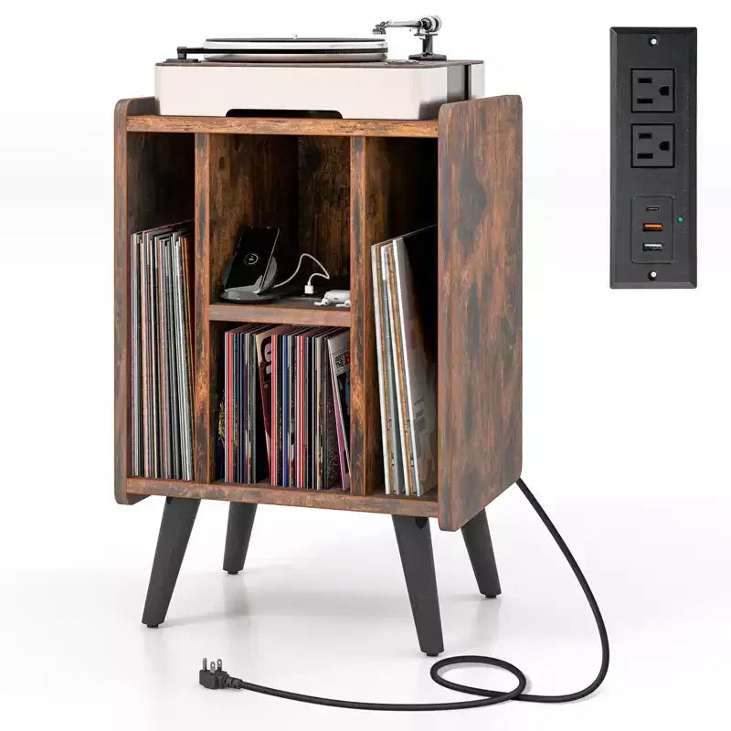 Costway Record Player Stand w/ Charging Station & USB Ports, Side Table w/ Vinyl Storage Cabinet, Album Display Shelf Turntable Brown/Grey