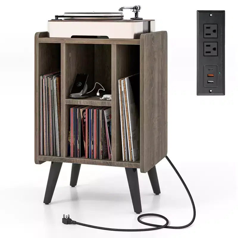 Mueble para tocadiscos con estación de carga y puertos USB, mesa auxiliar con armario para vinilos, estante de exhibición de álbumes para tocadiscos marrón/gris