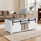 Mesa de centro elevable rústica de 120 cm con puerta de granero y compartimento de almacenamiento oculto, mesa de centro moderna rectangular, blanco