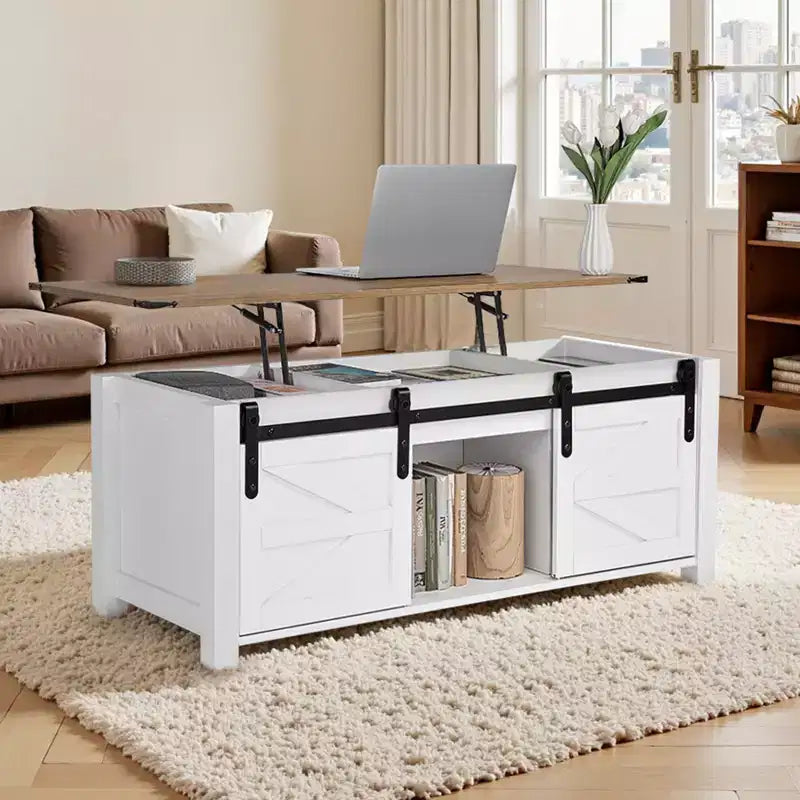Mesa de centro elevable rústica de 120 cm con puerta de granero y compartimento de almacenamiento oculto, mesa de centro moderna rectangular, blanco