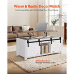 Mesa de centro elevable rústica de 120 cm con puerta de granero y compartimento de almacenamiento oculto, mesa de centro moderna rectangular, blanco